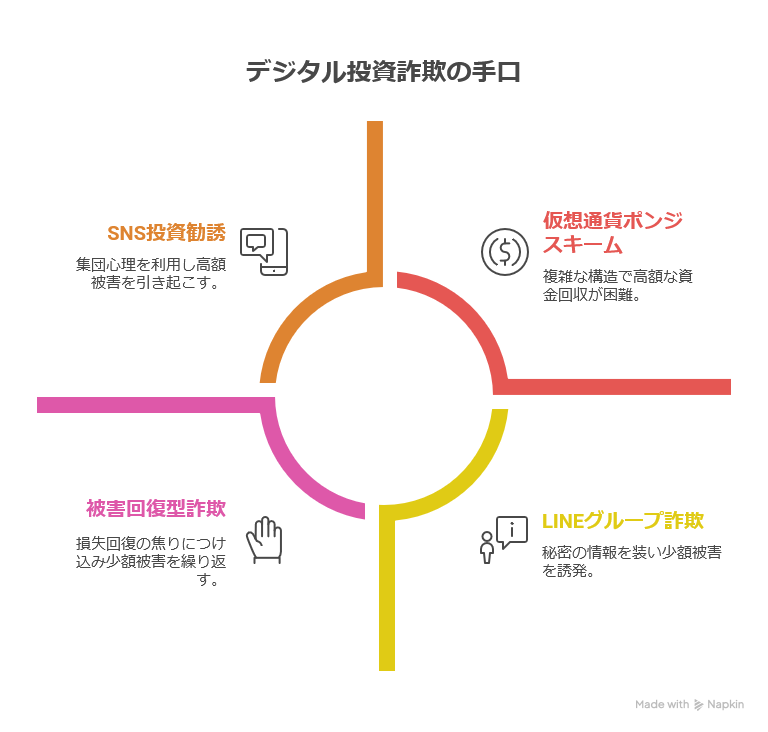 デジタル投資詐欺の手口を図解したインフォグラフィック。4つの主要な手口（SNS投資勧誘、仮想通貨ポンジスキーム、被害回復型詐欺、LINEグループ詐欺）が示されている。