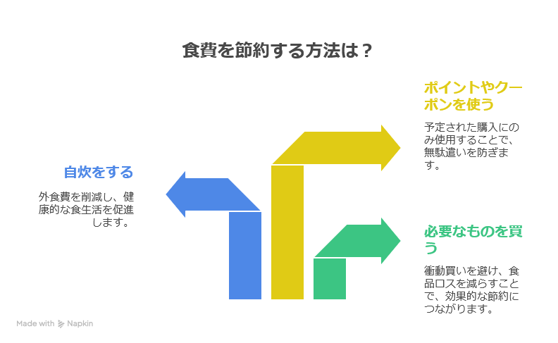 食費を節約する3つの方法（自炊をする、ポイントやクーポンを使う、必要なものを買う）を、T字型の矢印で示した図。外食削減、無駄遣い防止、衝動買い回避がそれぞれの方法として説明されている。