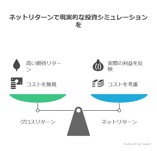 グロスリターンとネットリターンの違いを示す図。コストを考慮した現実的な投資シミュレーションの重要性を説明。