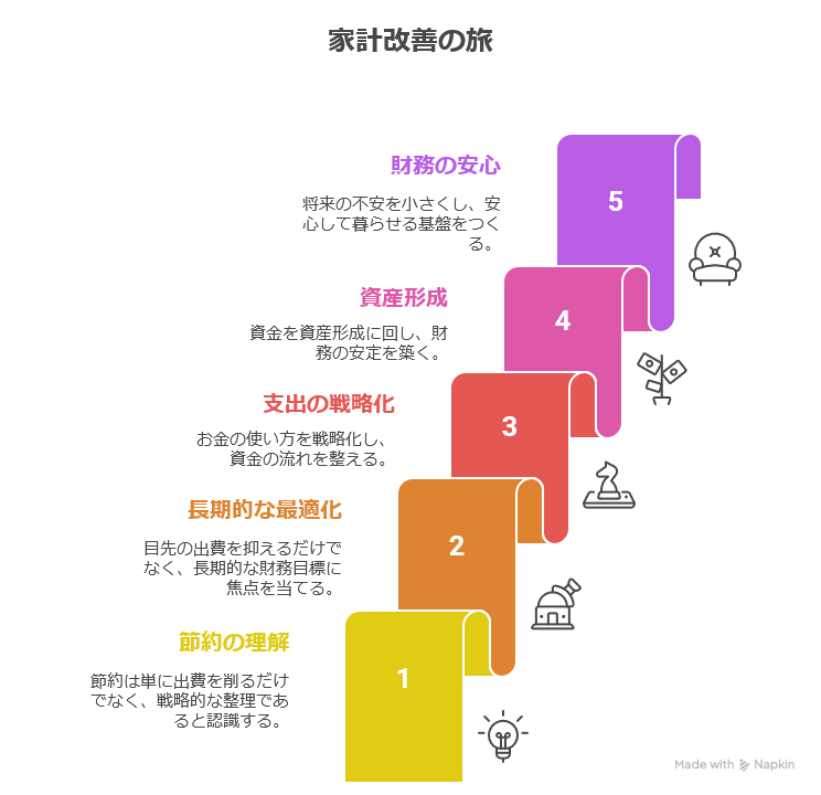 家計改善の旅を5つのステップで示した図で、節約の理解、長期的な最適化、支出の戦略化、資産形成、財務の安心へ向かう流れを可視化したイラスト