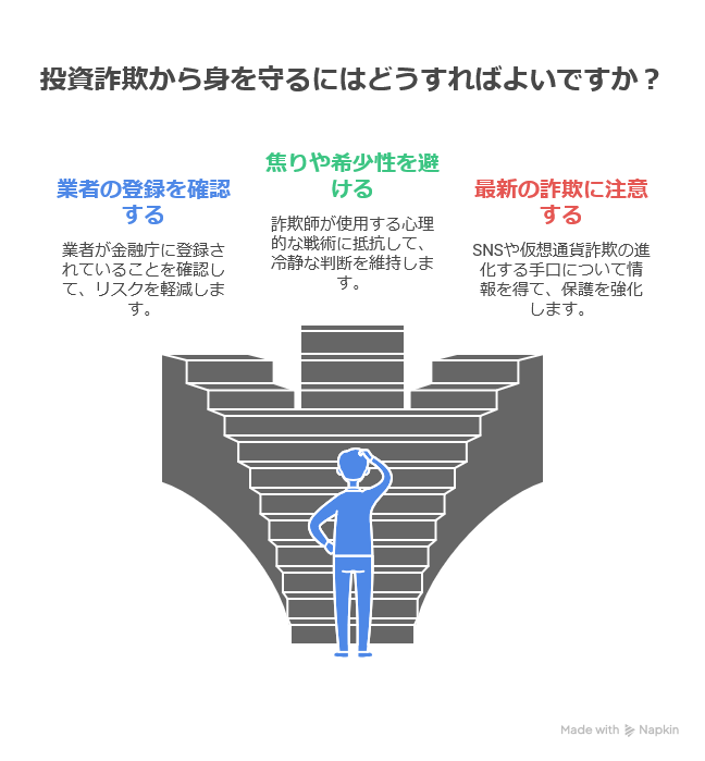 投資詐欺から身を守るためのポイントを示した図。金融庁登録の確認、焦りや希少性を避ける心理対策、最新の詐欺手口に注意する3つの予防策を解説しているイラスト。