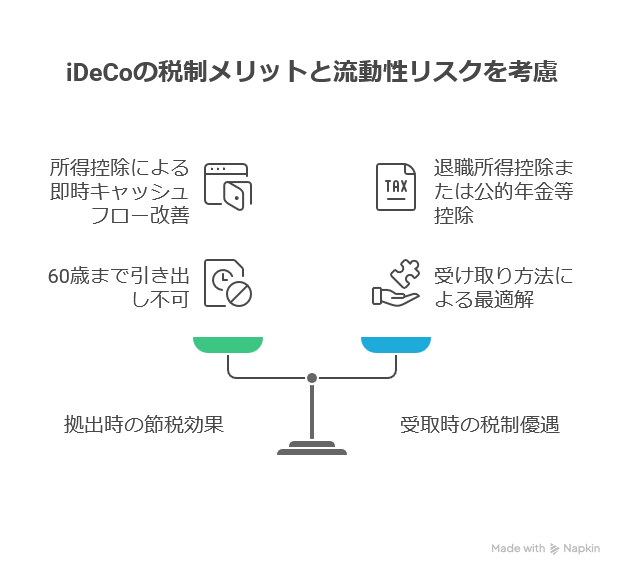 iDeCoの税制メリット(掛金拠出時、受取時)と流動性リスク(60歳まで引き出し不可)を比較した天秤の図。左側に「拠出時の節税効果」と「60歳まで引き出し不可」など、右側に「受取時の税制優遇」と「退職所得控除または公的年金等控除」などが記されている。
