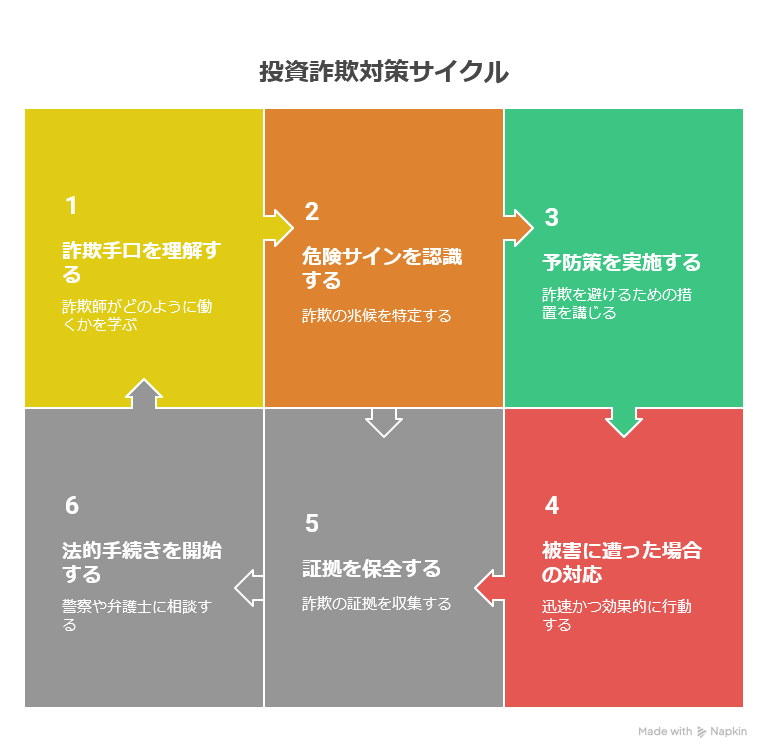 投資詐欺対策サイクルの図。詐欺手口の理解、危険サインの認識、予防策の実施、被害時の対応、証拠保全、法的手続き開始の6ステップを示したフローチャート。