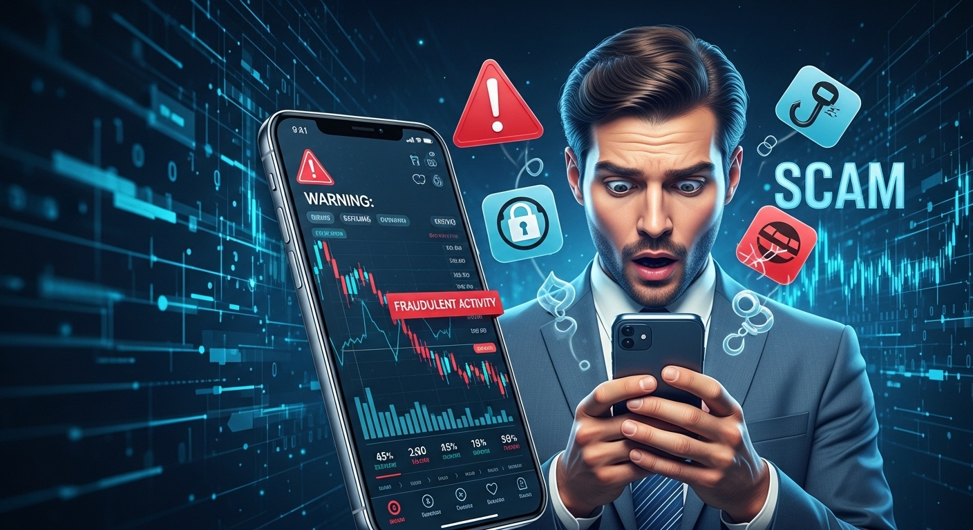 スマートフォンに投資詐欺の警告が表示され、驚く男性が詐欺被害の危険を認識しているイラスト