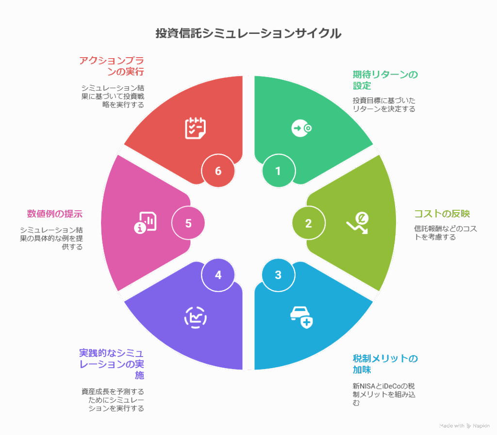 投資信託シミュレーションサイクルの図:期待リターンの設定からアクションプラン実行までの6ステップ
