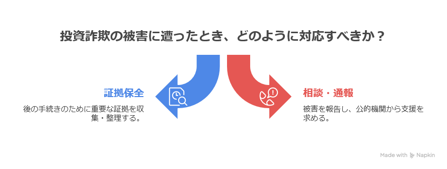 投資詐欺の被害に遭った際の初期対応として、「証拠保全」と「相談・通報」の2つの行動を示す図。証拠保全は後の手続きのための重要な証拠収集・整理を意味し、相談・通報は被害報告と公的機関からの支援要請を意味する。
