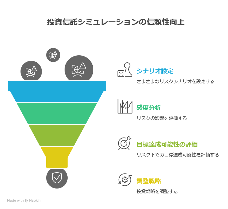投資信託シミュレーションの信頼性向上プロセスを示すファネル図。上から順に「1. シナリオ設定(さまざまなリスクシナリオを設定する)」、「2. 感度分析(リスクの影響を評価する)」、「3. 目標達成可能性の評価(リスク下での目標達成可能性を評価する)」の3段階を経て、最終的に「4. 調整戦略(投資戦略を調整する)」に至る流れを示している。