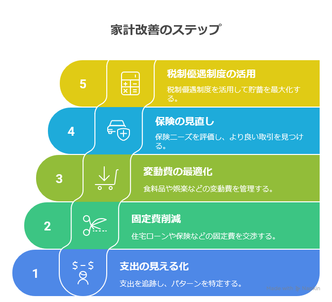 家計改善の5つのステップを示した図解で、支出の見える化、固定費削減、変動費の最適化、保険の見直し、税制優遇制度の活用が順序立てて説明されている画像