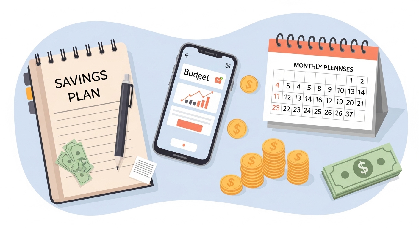 貯金計画ノートと家計簿アプリ、カレンダー、コインや紙幣が並ぶ家計管理と節約術をイメージしたイラスト