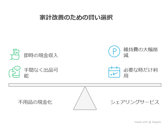 家計改善のための2つの選択肢「不用品の現金化」と「シェアリングサービス」を天秤で比較した図。不用品の現金化のメリットは「即時の現金収入」と「手間なく出品可能」であり、シェアリングサービスのメリットは「維持費の大幅削減」と「必要な時だけ利用」である。