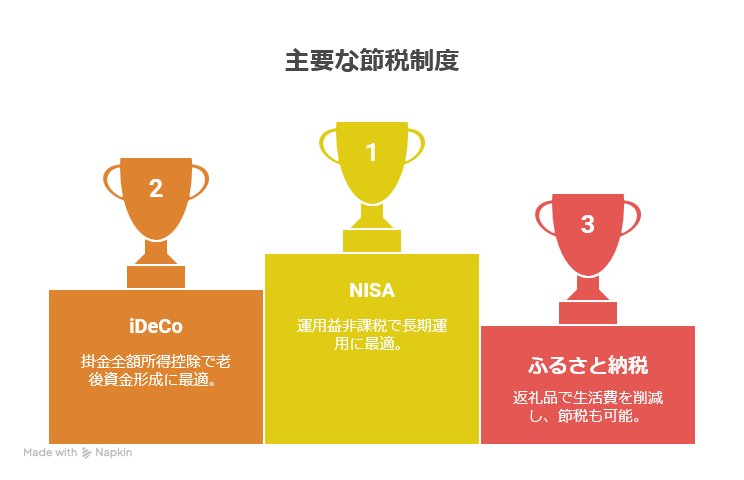 NISA・iDeCo・ふるさと納税の主要な節税制度をランキング形式で示した図