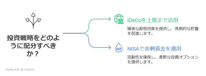投資戦略の配分はiDeCoを上限まで、NISAで余剰資金を運用。