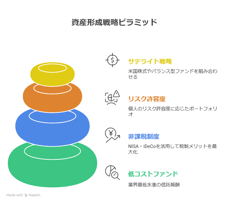 資産を形成するための戦略ピラミッド。下から低コストファンド、NISA・iDeCoを活用した非課税制度、リスク許容度、サテライト戦略があります。